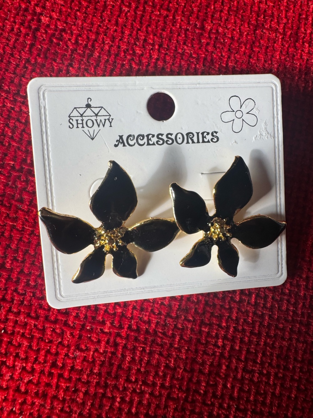 Showy Black Floral Stud Earrings with Gold Accents